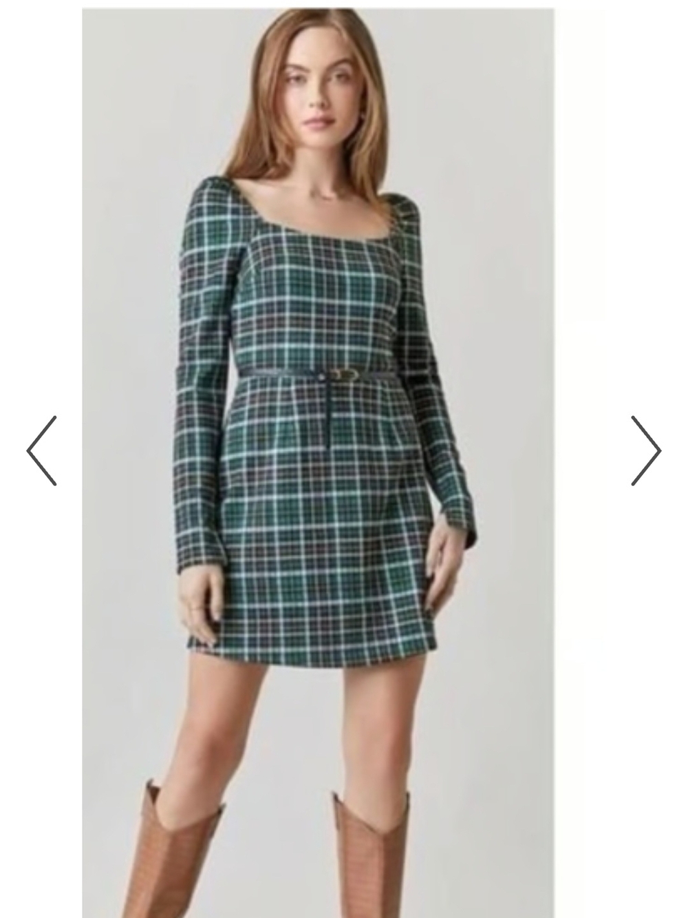 Francesca's Plaid Zip A-Line Short Dress Square Neck Long Sleeve Green S